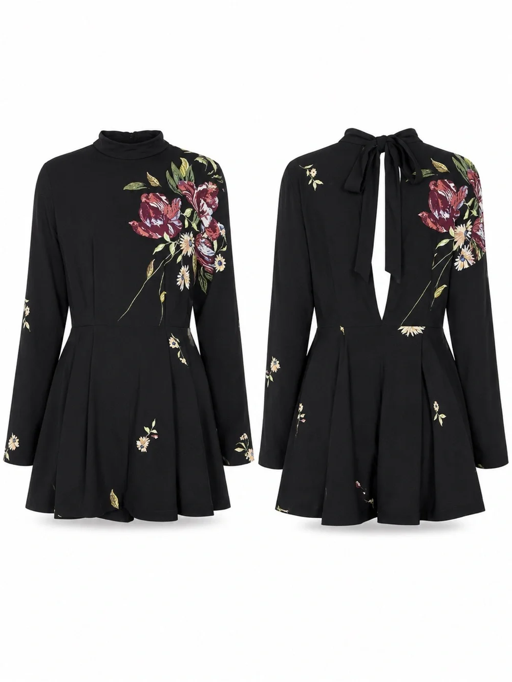 Free People Gemma Tunic Dress Small Black Floral Open Back Mini